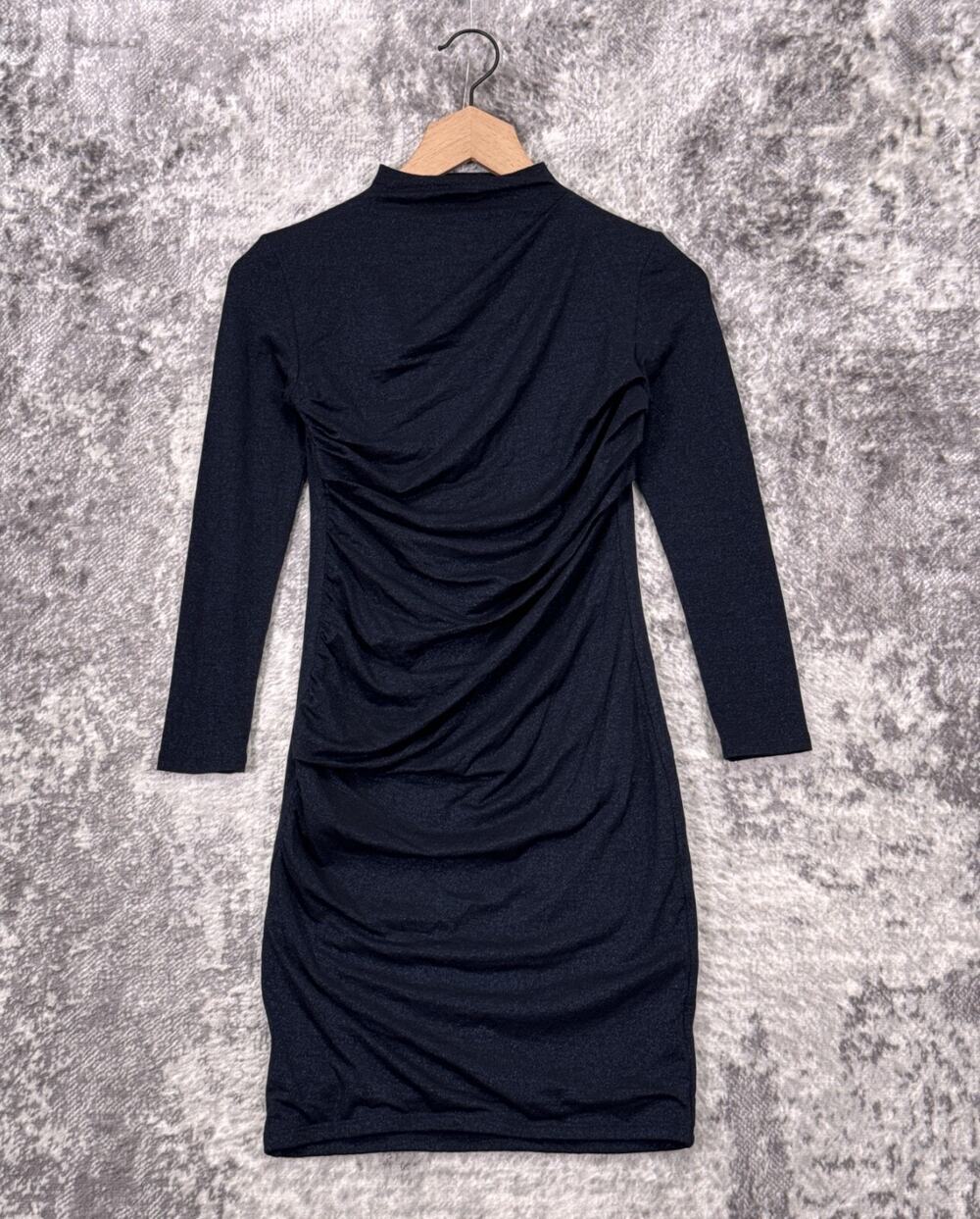 Enza Costa Dress XS Womens Blue Glitter Metallic Knit Mock Gathered Mini Bodycon